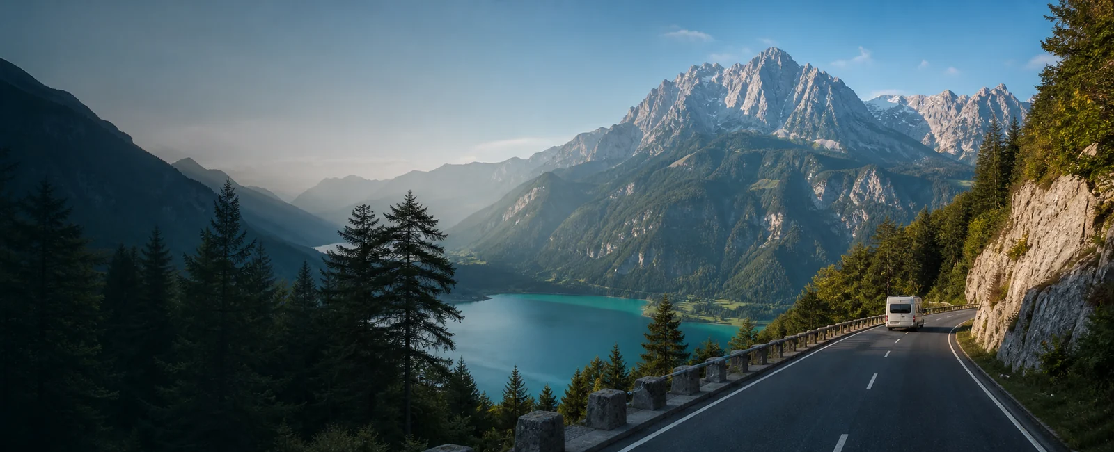 KI-generiertes Routenmotiv: Reisemobil auf einer Bergstraße über einem türkisfarbenen Alpensee
