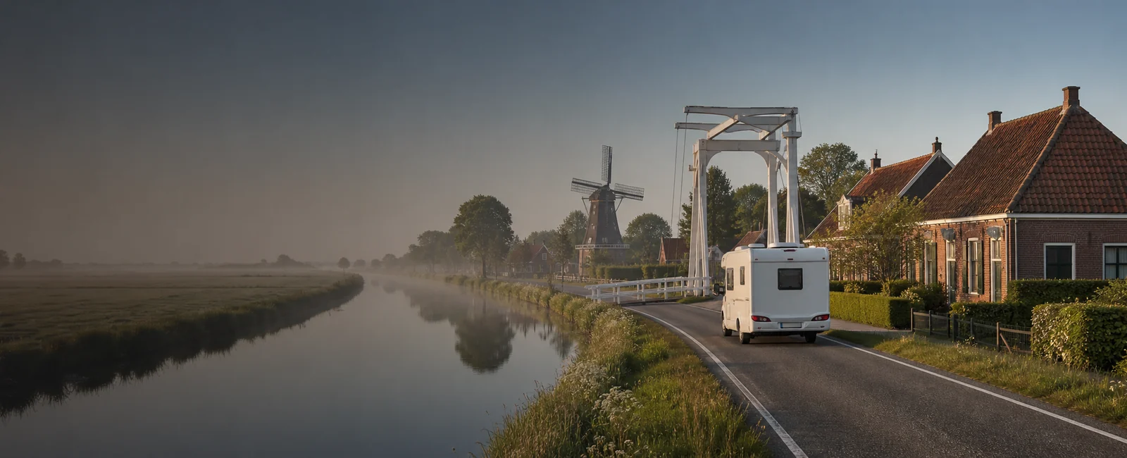 KI-generiertes Routenmotiv: Reisemobil an einem ostfriesischen Fehnkanal mit Klappbrücke und Windmühle
