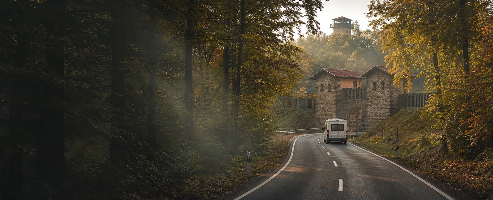 KI-generiertes Routenmotiv: Reisemobil im Taunus vor einem rekonstruierten römischen Kastelltor und Wachturm