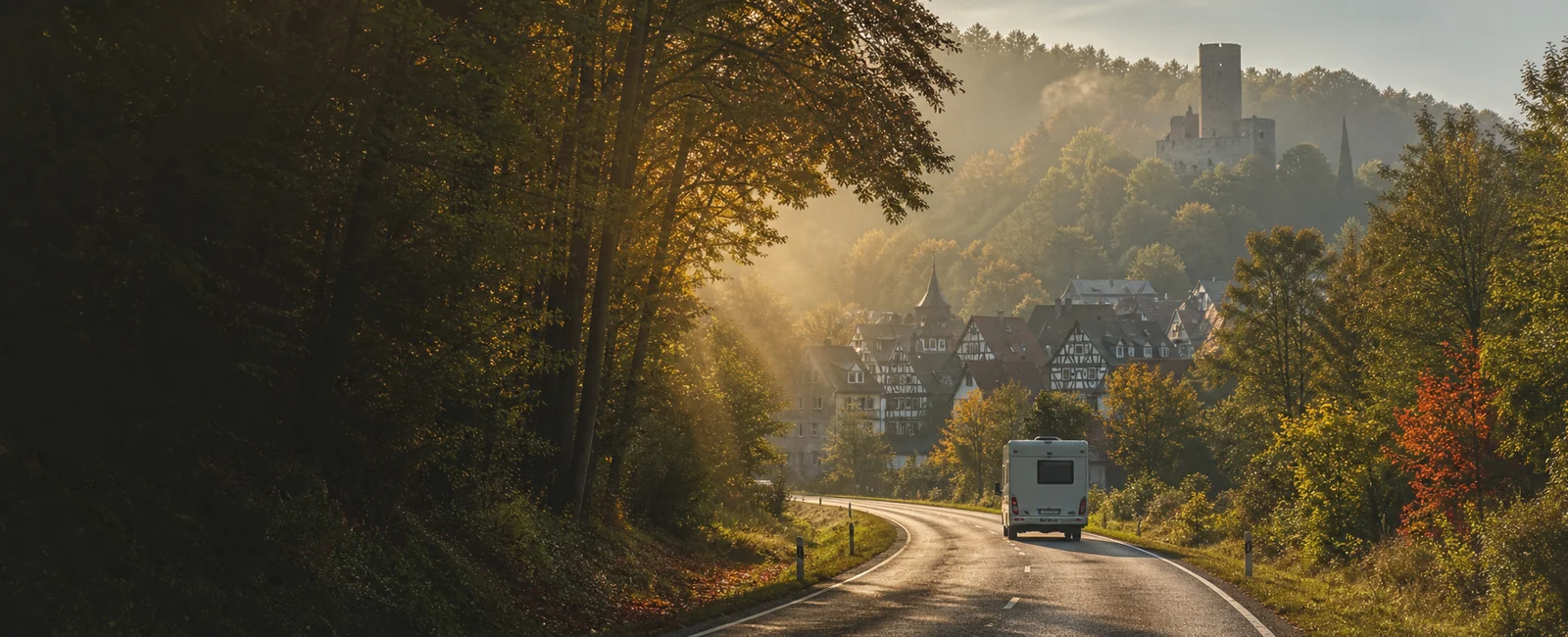 KI-generiertes Routenmotiv: Reisemobil auf der Deutschen Märchenstraße vor Wald, Fachwerkstadt und Burg