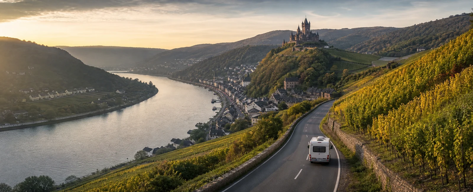 KI-generiertes Routenmotiv: Reisemobil über der Moselschleife mit Weinbergen und Reichsburg