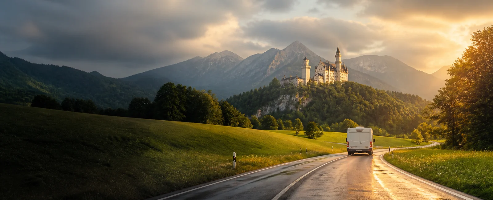 KI-generiertes Routenmotiv: Reisemobil auf der Romantischen Straße mit Schloss Neuschwanstein und Alpenpanorama