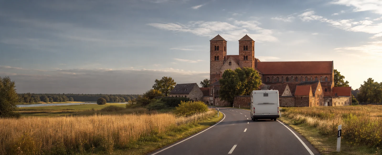 KI-generiertes Routenmotiv: Reisemobil vor einem romanischen Backsteinkloster in Sachsen-Anhalt