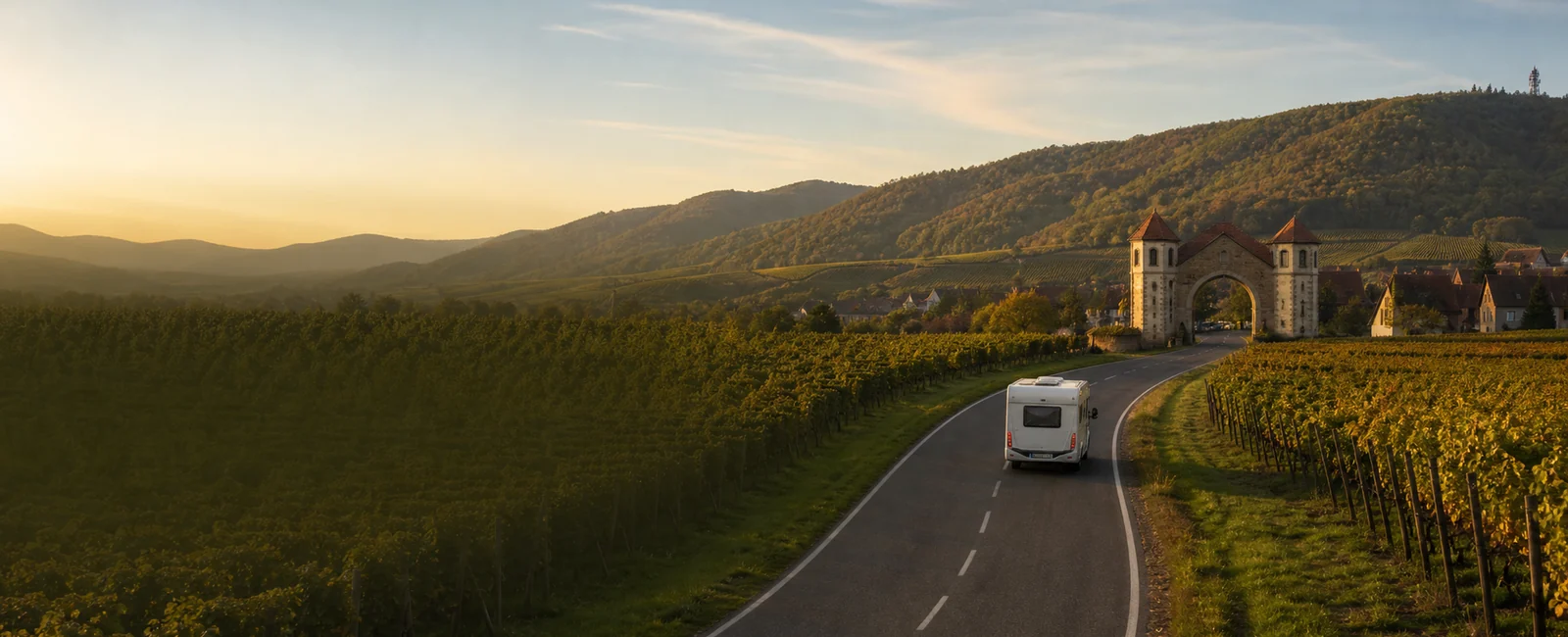 KI-generiertes Routenmotiv: Reisemobil zwischen Pfälzer Rebhängen auf dem Weg zum Deutschen Weintor